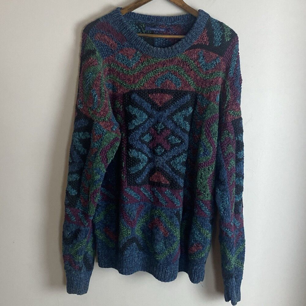 KNITTED BY HAND Mens Multicolor Chunky Cosby Long Sleeve Sweater Size L Rich